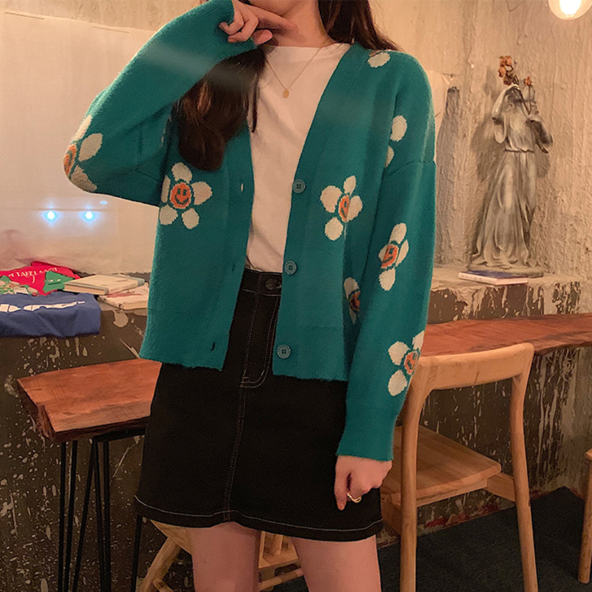 Áo Khoác Cardigan Dệt Kim Cổ Chữ V In Họa Tiết Hoa Xinh Xắn