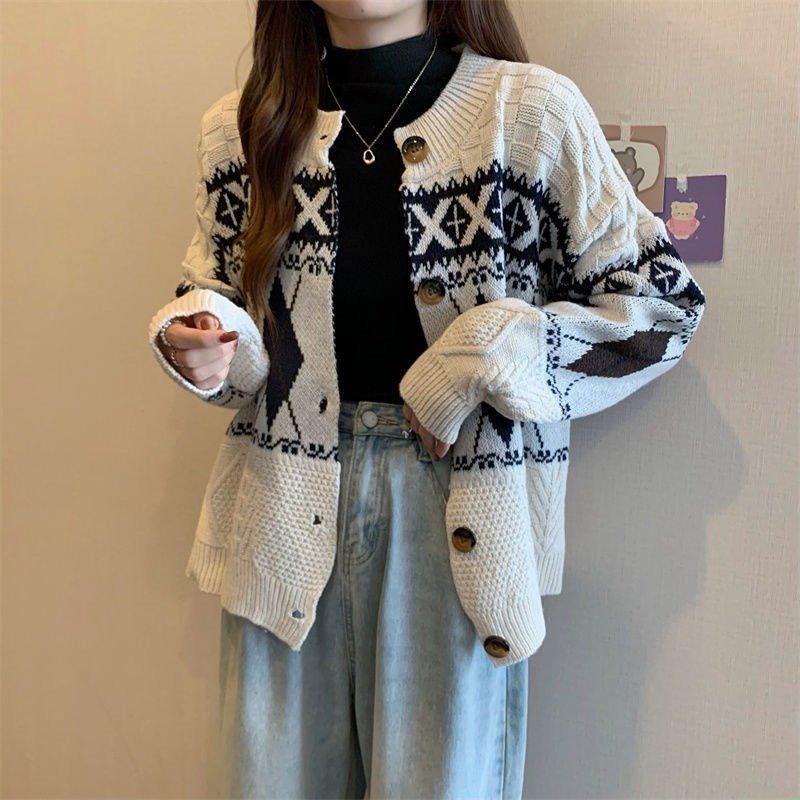 Áo len Cardigan nữ họa tiết phối màu nâu đen phong cách thời trang cá tính dành cho nữ | BigBuy360 - bigbuy360.vn