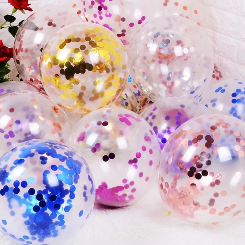 Set 5 Bong Bóng Trong Suốt Phối Hoa Giấy Kim Sa Kích Thước 12 Inch Dùng Trang Trí Tiệc Cưới
