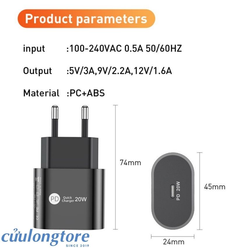 Củ sạc nhanh 20W PD Type C cho điện thoại máy tính bảng
