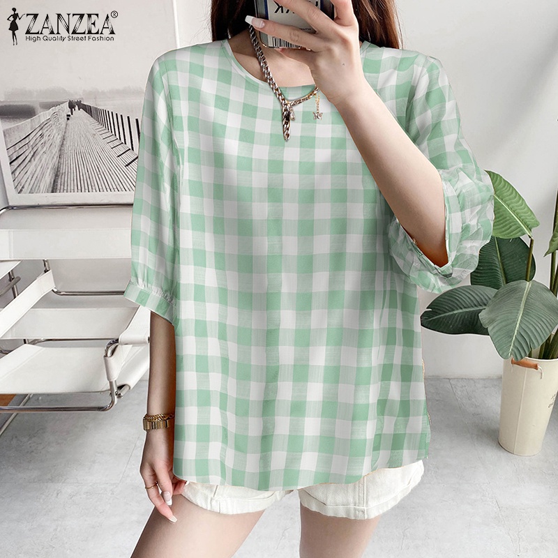 Zanzea Áo Kiểu Tay Lỡ 3 / 4 Họa Tiết Ca Rô Phong Cách Hàn Quốc Dành Cho Nữ