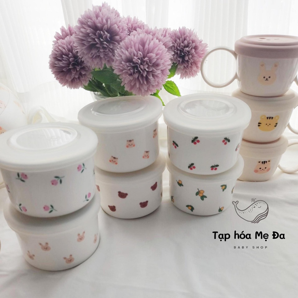 Bát sứ/hũ sứ đựng đồ ăn dặm cao cấp 220ml hình gấu cho bé có nắp đậy kín phong cách Hàn Quốc