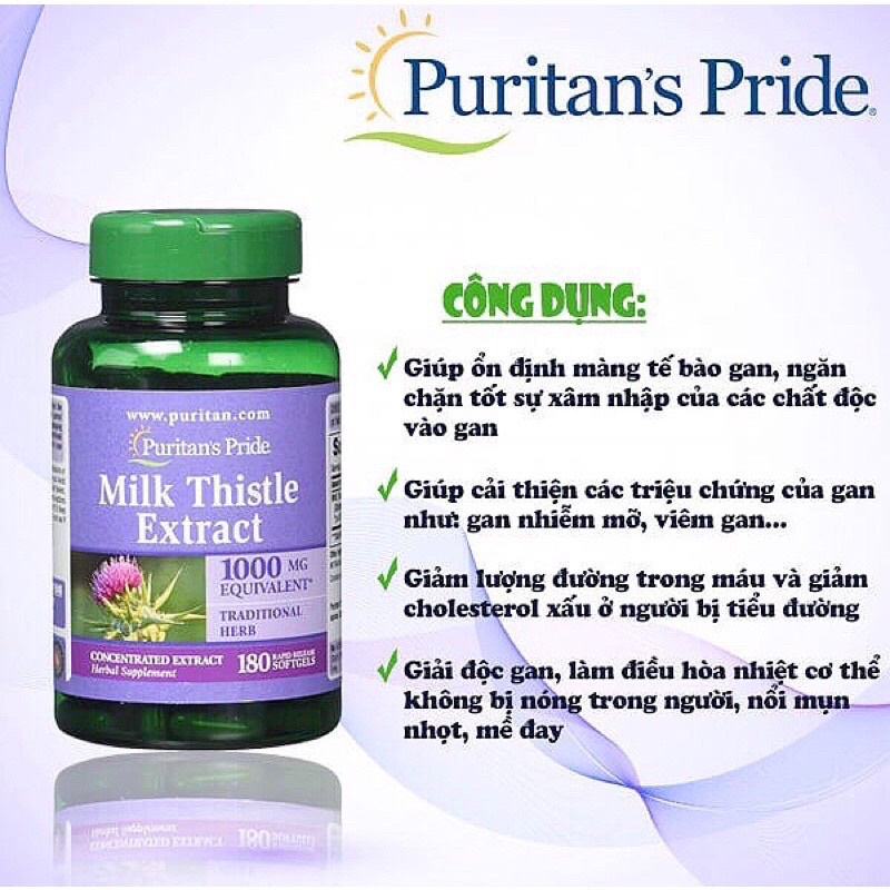 Viên uống hỗ trợ thải độc bổ gan Milk Thistle Extract 1000mg 180 viên Puritan's Pride Mỹ