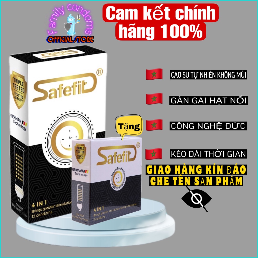 Bao cao su Safefit 4in1 gai gân hạt nổi kéo dài thời gian hộp 12 cái tặng hộp 3 cái