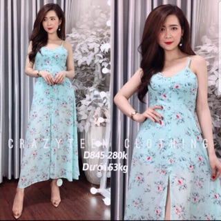 Đầm maxi voan hoa 2s xẻ tà đính nút dọc siêu xinh + Ảnh thật