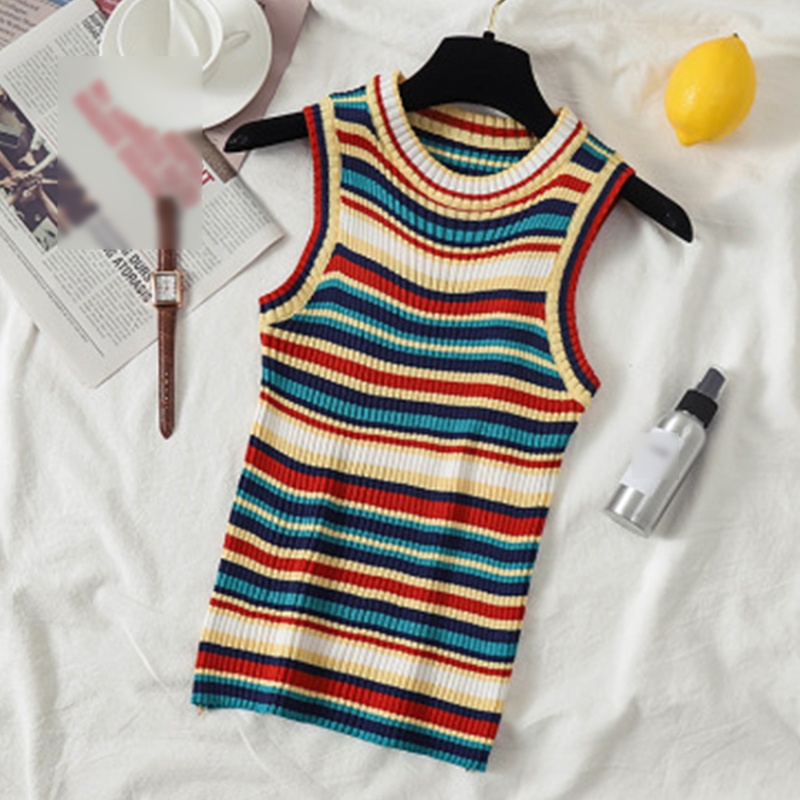 Áo Croptop Dệt Kim Sát Nách Cổ Tròn Họa Tiết Kẻ Sọc Màu Cầu Vồng Thời Trang Cho Nữ