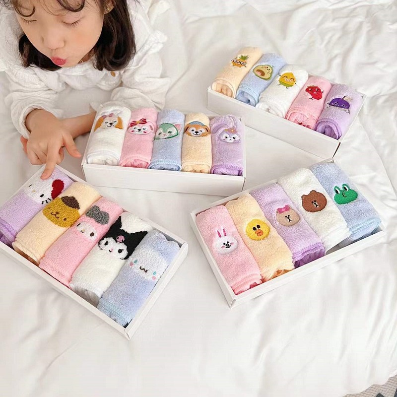 Set 5 Khăn Lau Mặt Bằng Vải Lông Cừu San Hô Họa Tiết Hoạt Hình Cinnamoroll My Melody Kuromi Linabell Sanrio Đáng Yêu