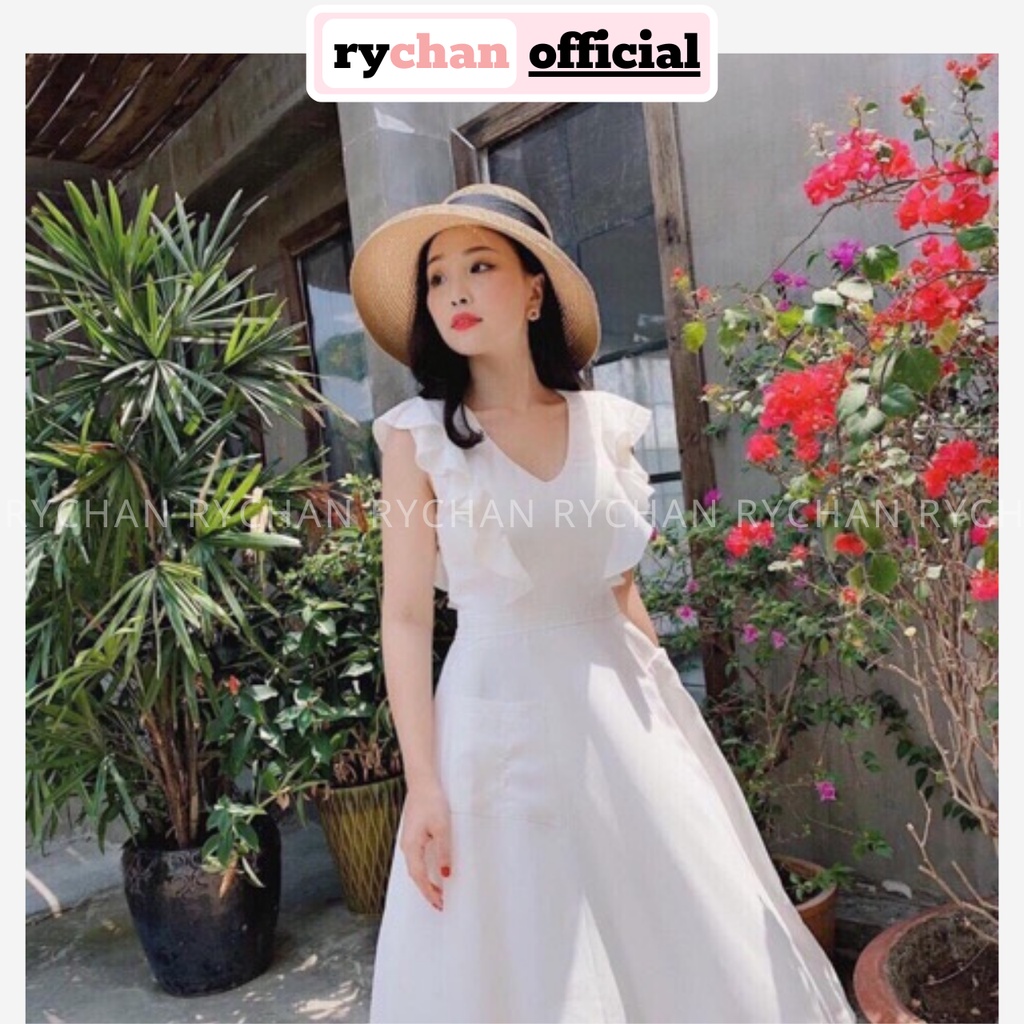 Đầm Nữ Đi Du Lịch Dáng Dài Xòe Cổ V Tay Phối Bèo Bo Eo 2 Túi Màu Trắng [ẢNH THẬT CUỐI] - DX9818