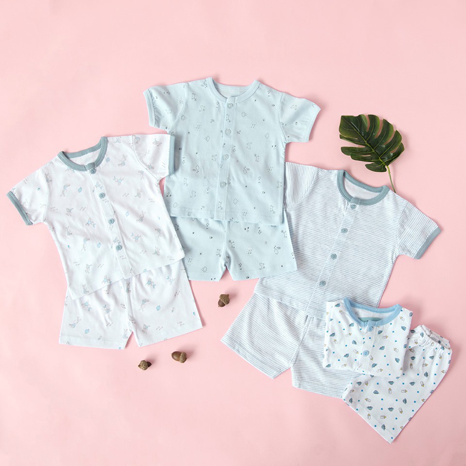 Bộ quần áo Miomio ngắn tay cài giữa 100% cotton mỏng mát