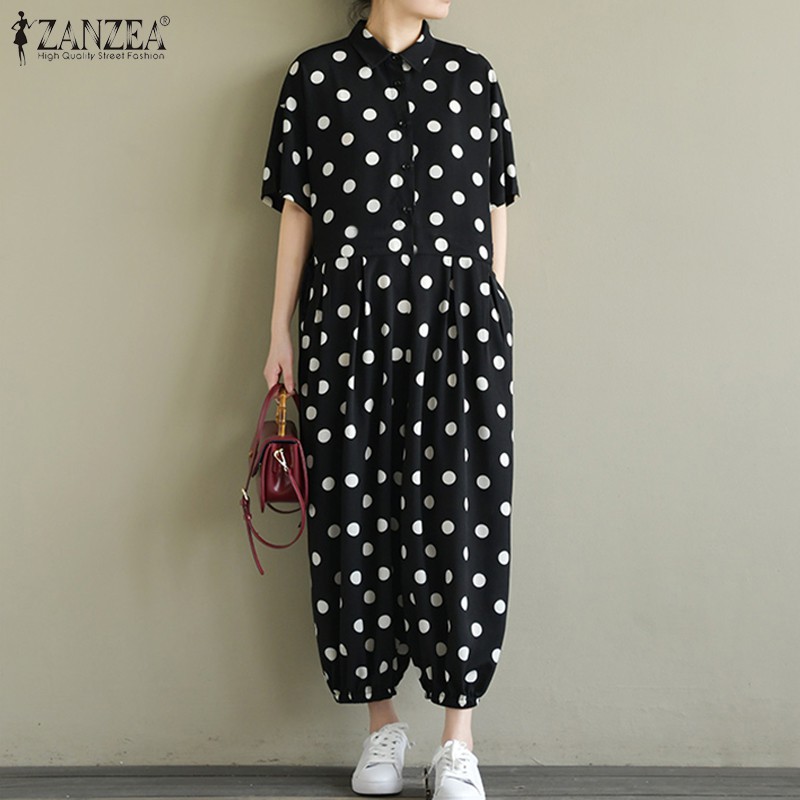 Jumpsuit Dài Họa Tiết Chấm Bi Vintage Thời Trang Cho Nữ