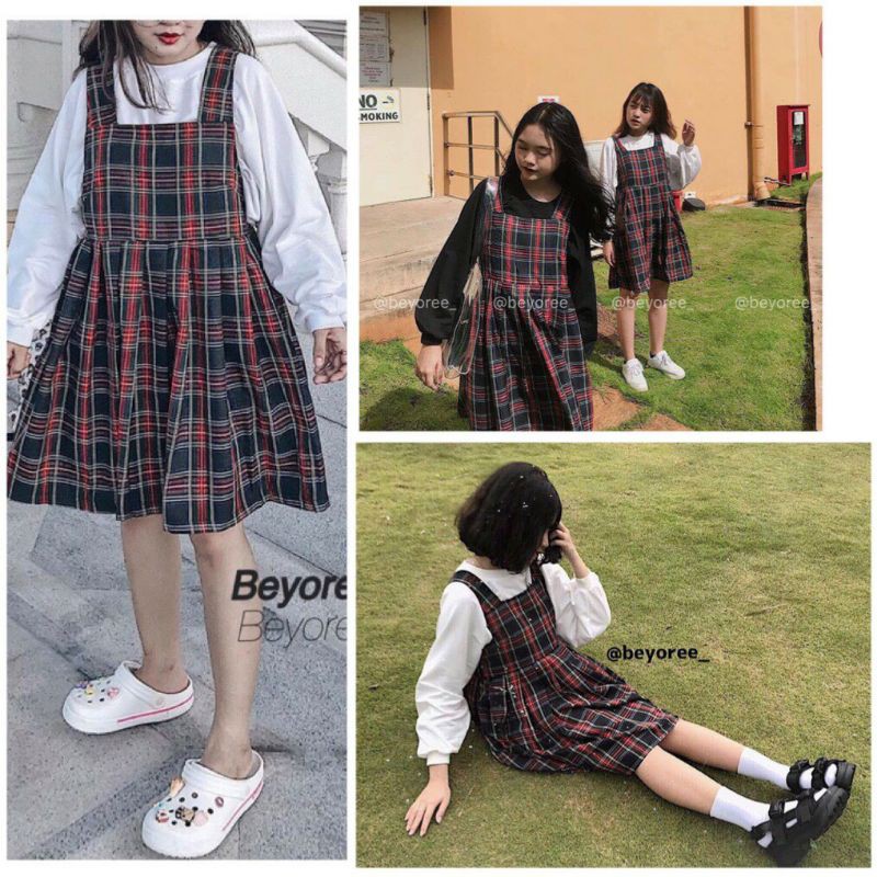 [Mã SKAMFSW175 giảm 10K đơn 50K] [SIÊU HOT Set Váy Yếm BaByDoll Kẻ 🦋 Bộ Váy Yếm Kèm Áo Thun Tay Bồng Dài Tay 2 Màu 🦋