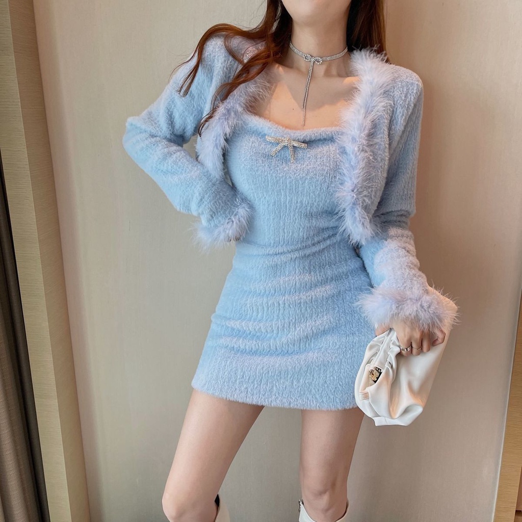 Set đầm ngắn gợi cảm + áo cardigan thời trang mùa đông cho nữ