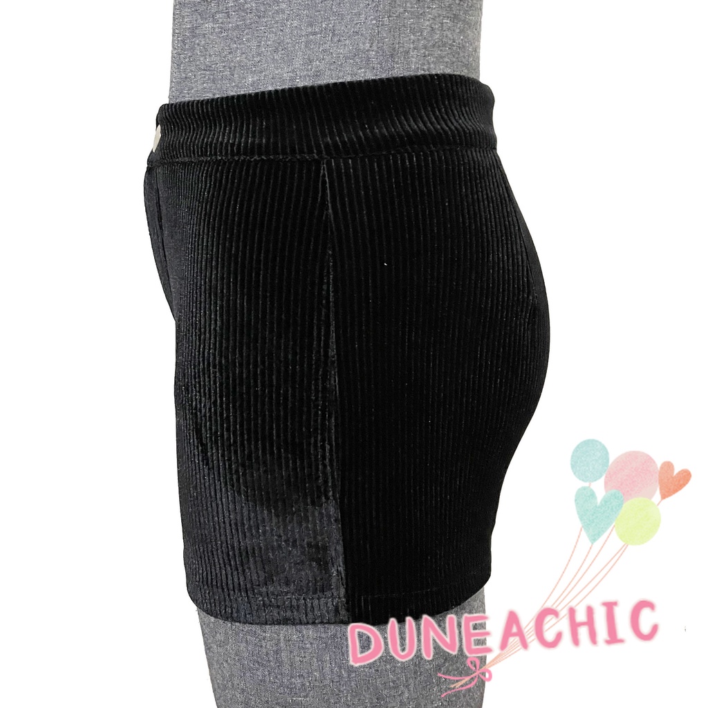 DUNEA Quần short vải nhung đen lưng cao co giãn thiết kế trẻ trung hợp thời trang dành cho nữ