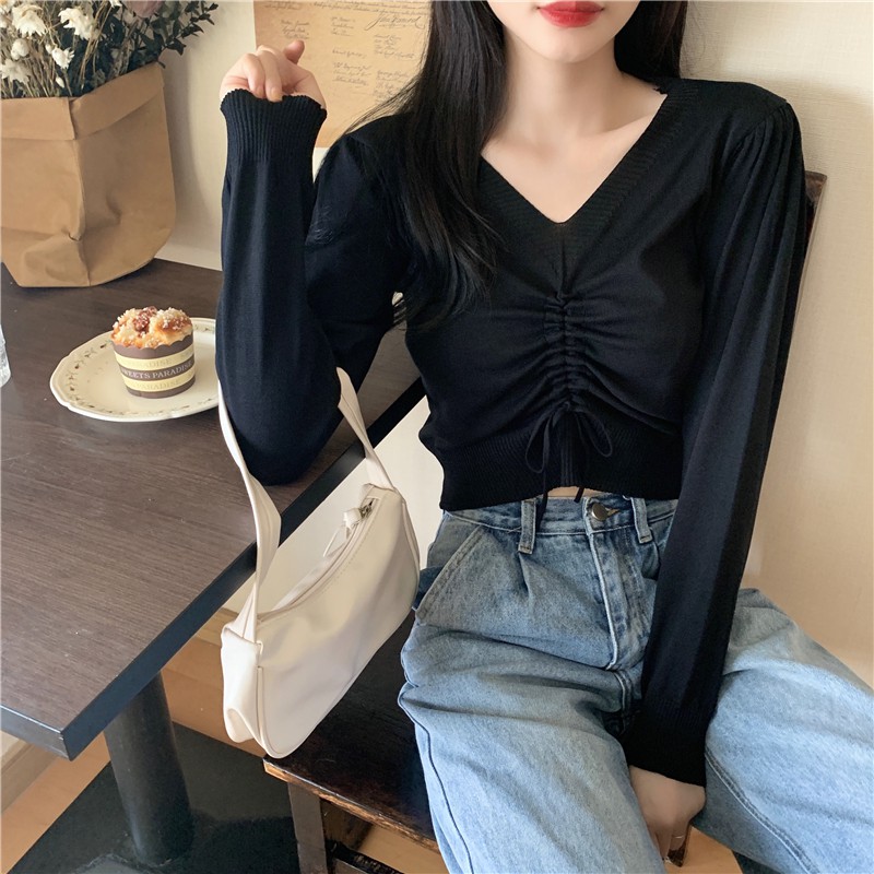LEEVA - Áo croptop dây rút dài tay phong cách nhẹ nhàng A134