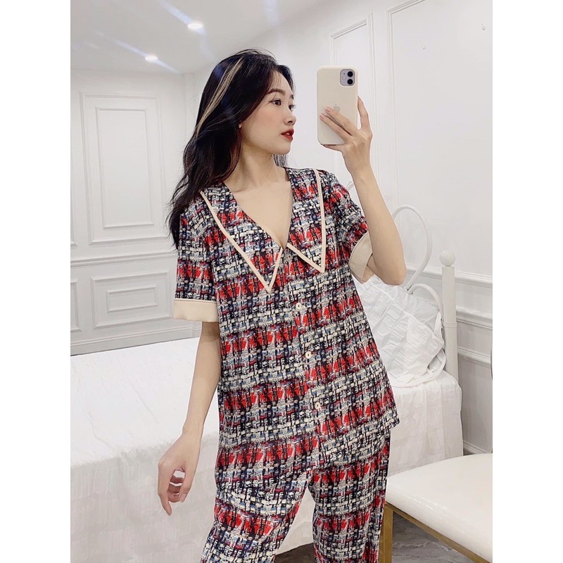 Pijama cổ nhọn họa tiết giả dạ C H A N E L chà nổi lụa satin cao cấp quảng châu