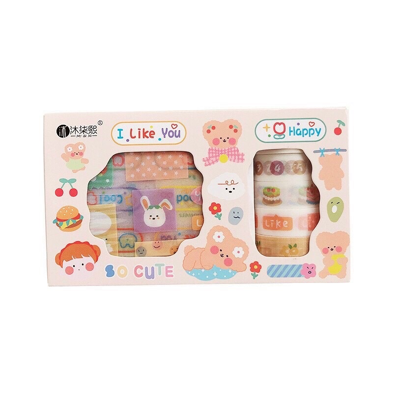 Hộp washi tape kèm sticker - Set 5 băng keo trang trí và 8 tấm sticker