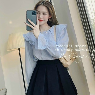 Áo sơ mi nữ cổ bèo kẻ sọc xanh chất đũi xốp bánh bèo tiểu thư sang chảnh- kèm ảnh thật