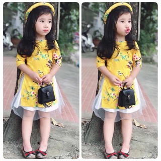 (Free Ship)Áo Dài Cách Tân Cho Bé Gồm Áo, Quần,Mấn (size 10-38kg) Mẫu hoa Đào