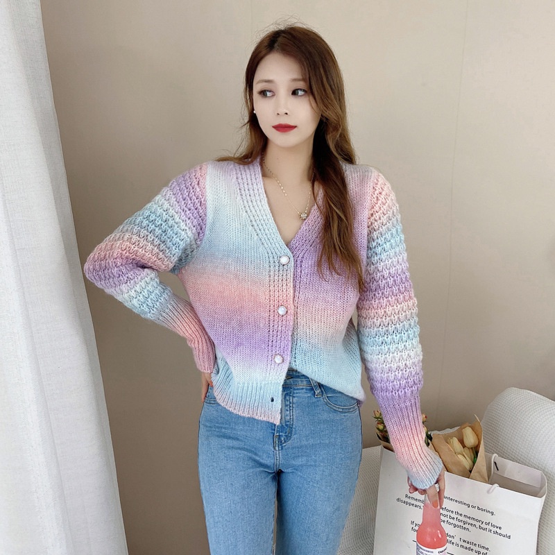 IELGY   Áo Khoác cardigan Dệt Kim Dáng Rộng Màu gradient Dành Cho Nữ