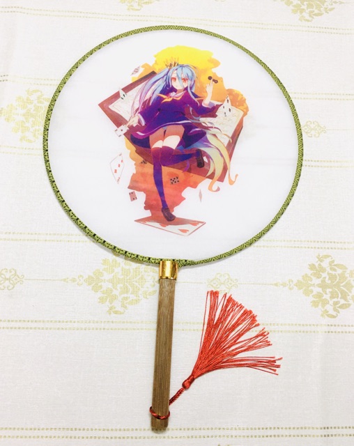 Quạt anime nogame Nolife vải lụa cán gỗ