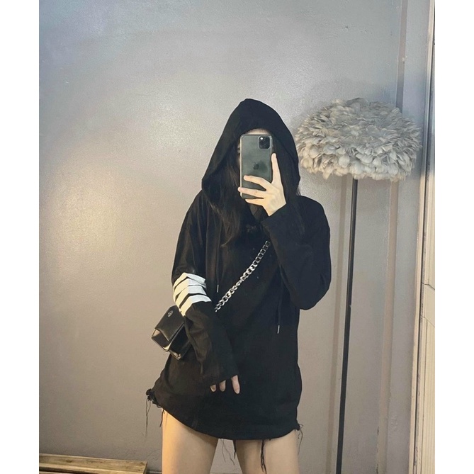 ÁO KHOÁC Hoodie thun giấy tay dài có nón thiết kế phần tay sọc chạy quanh tạo điểm nhấn phù hợp cho mùa thu đông