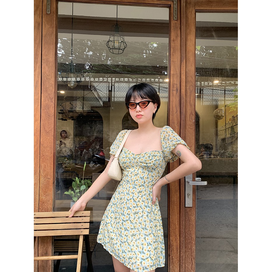 Váy voan xanh hoa Puff Sleeve Dress