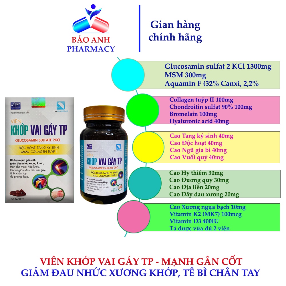 Viên KHỚP VAI GÁY TP – Glucosamin, độc hoạt ký sinh thang, hỗ trợ mạnh gân cốt, giảm đau nhức xương khớp - Hộp 60 viên