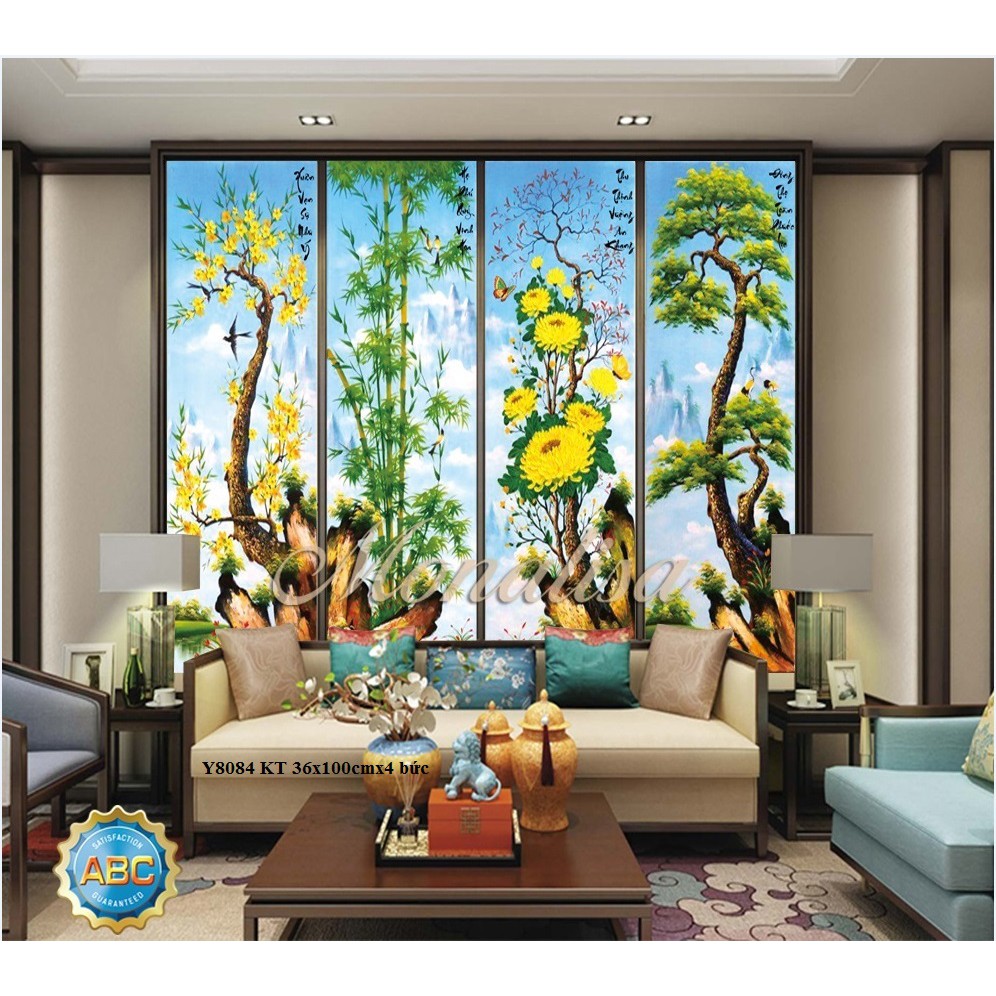 Tranh đính đá tứ quý xuân hạ thu đông KT:36x100x4 bức. Tranh gắn đá chưa gắn.