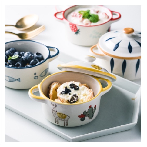 Bát chén gốm sứ họa tiết hình nồi nướng hấp bánh flan caramen cho bé ăn dặm có nắp đậy tay quai cầm đựng sốt chấm gia vị