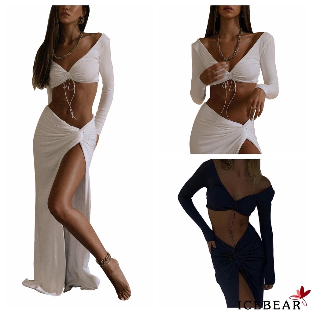 Bộ Áo Crop Top 2 Dây Rút + Chân Váy Xẻ Tà Màu Sắc Trơn Cho Nữ