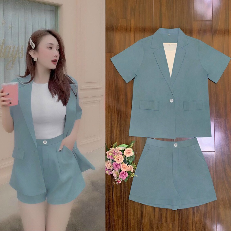 Set bộ vest 3 món xinh xắn, áo khoác form rộng, quần short, áo thun J1177