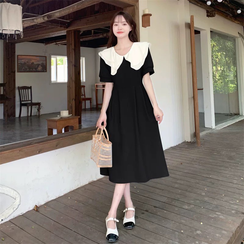 Váy đầm đen xanh cổ trắng mềm xinh 2T dáng dài nhẹ nhàng phong cách Hàn Quốc