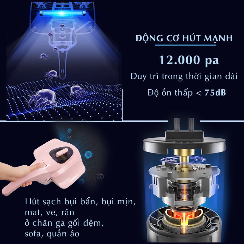 Máy Hút Bụi Giường Đệm Gối - Máy Diệt Khuẩn UV Tiện Lợi Bảo Vệ Sức Khỏe - Bảo Hành 2 năm