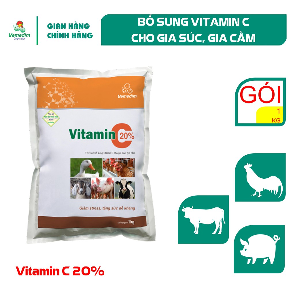 Vemedim Vitamin C 20% Bổ sung vitamin C tăng cường đề kháng cho gia súc, gia cầm, gói 1kg