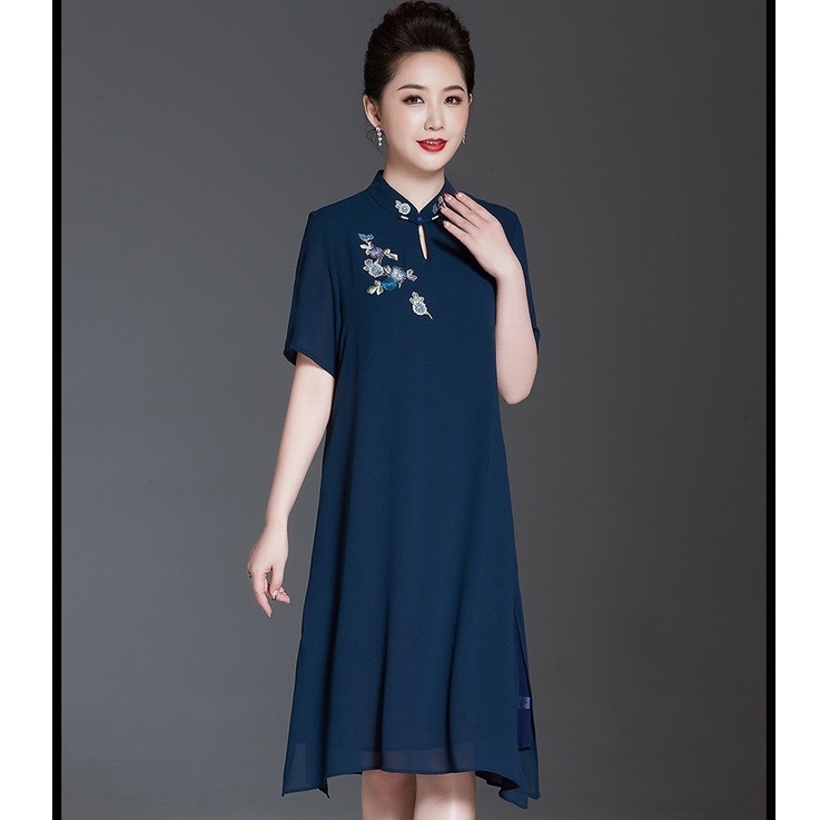 Đầm Thiết Kế Trung Niên, Mẫu Đầm Suông Cho Mẹ Chất Cotton lạnh Chiffon Thêu hoa Đào | Thời Trang NP Clothing