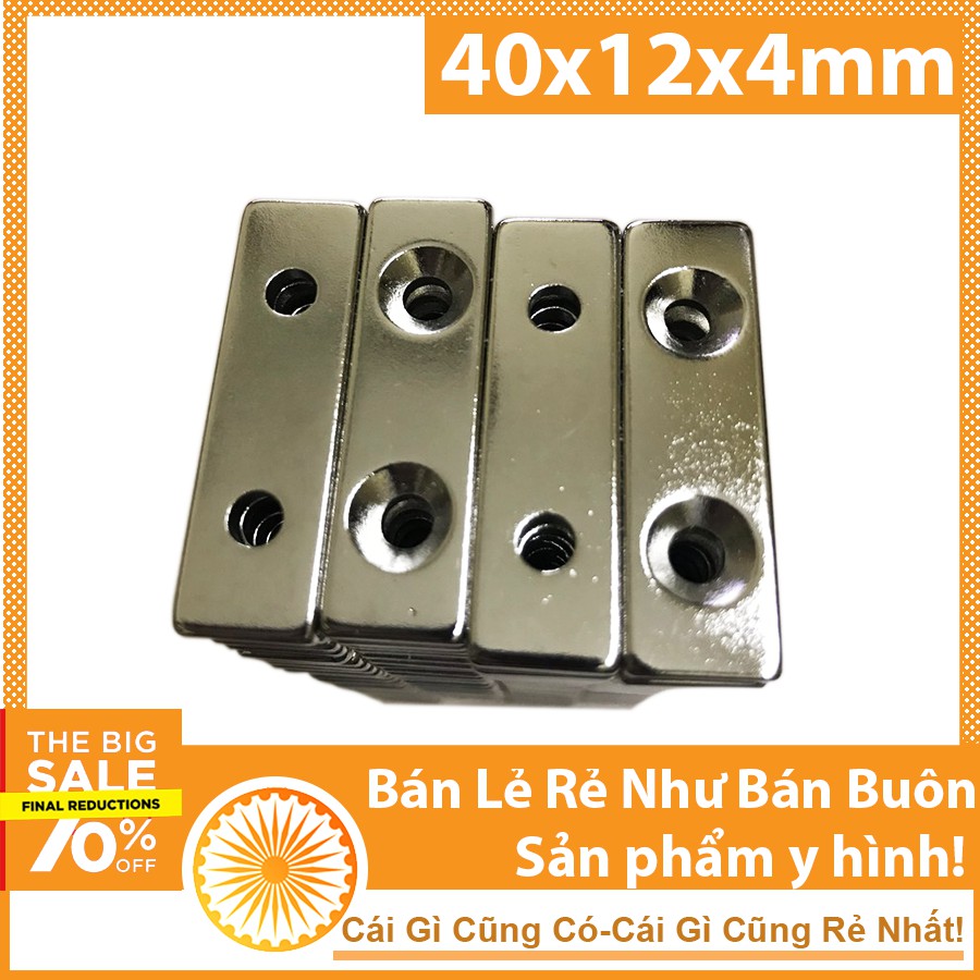 Nam châm cửa gỗ, nam châm trắng hình chữ nhật có lỗ 40x12x4mm có 2 lỗ vát