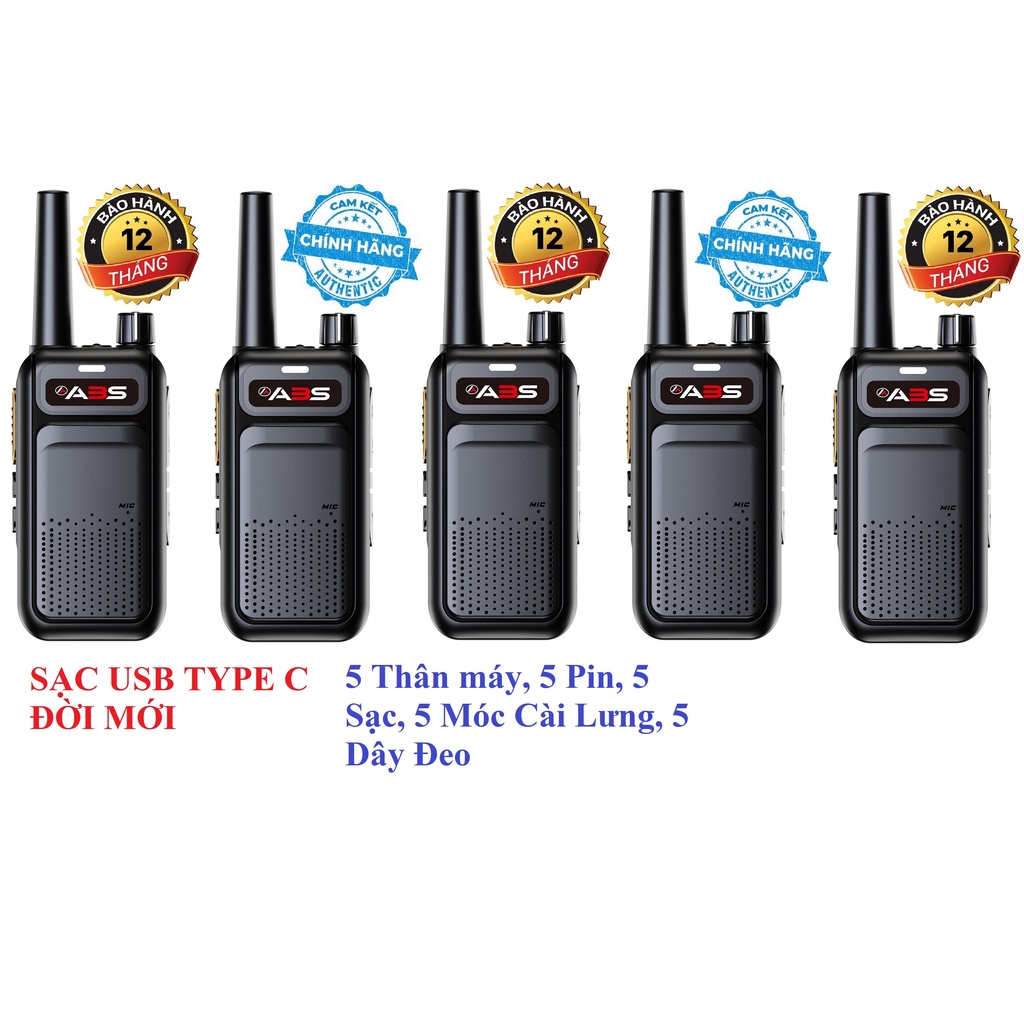 Bộ 5 Chiếc Bộ đàm Sạc USB Type C Đời mới ABS AB588 (Loa to&amp; Chống Từ tính, Cự ly liên lạc Xa, Pin sử dụng&gt;15 Tiếng)