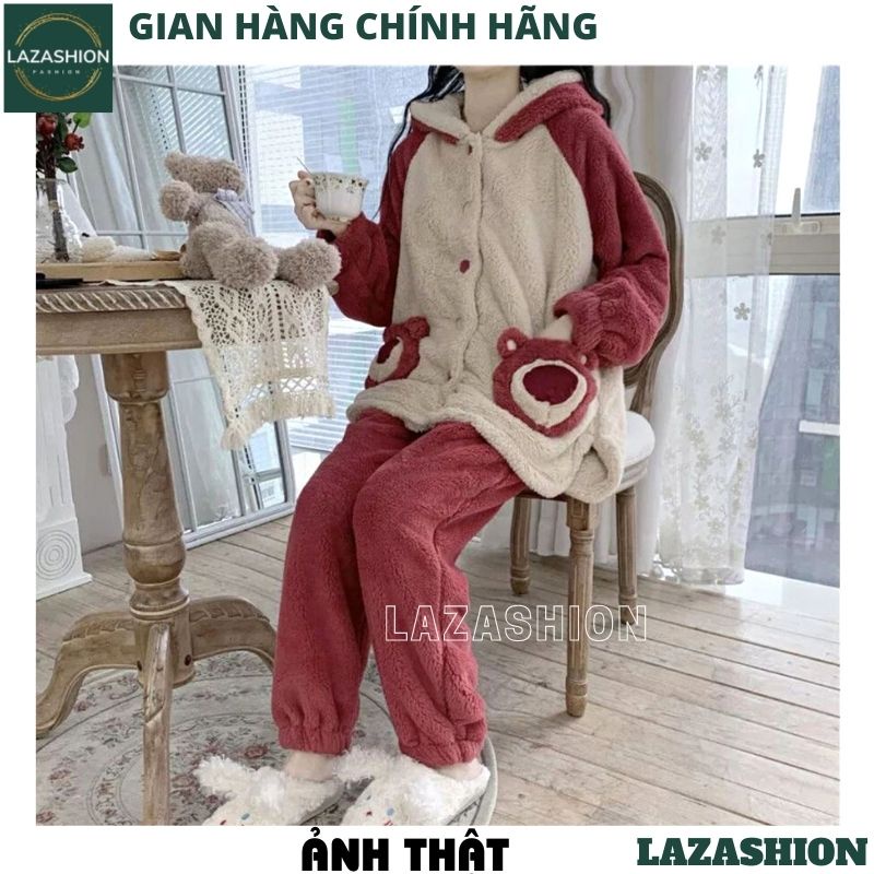 Bộ ngủ lông gấu phối đỏ mận siêu kute dễ thương ulzzang ,bộ đồ mặc nhà xinh sắn ấm áp mùa đông - LAZASHION