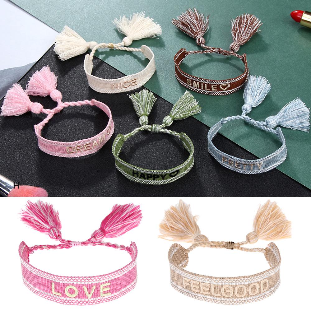 Vòng Tay Dây Bện Thêu Chữ Phối Tua Rua Dễ Thương Cho Bạn Gái