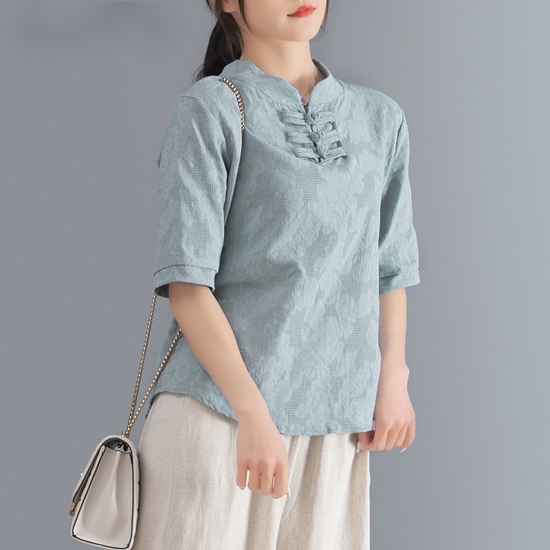 Áo Thun Cotton Linen Cổ Đứng Cài Nút Tay Lửng Phong Cách Trung Hoa Cổ Điển Hàng Mới 2022