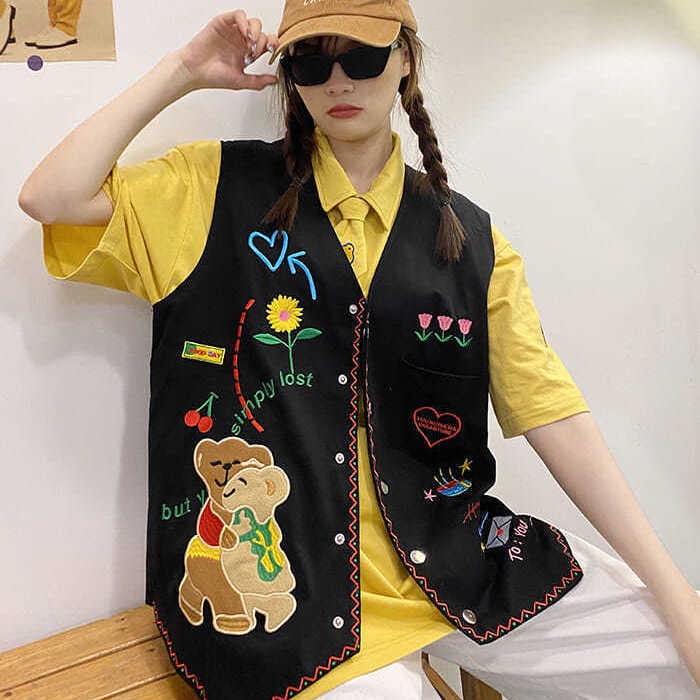 Áo Khoác Sát Nách Dáng Rộng Thêu Hình Gấu Và Hoa Phong Cách Hip Hop Thời Trang Cho Nữ | BigBuy360 - bigbuy360.vn