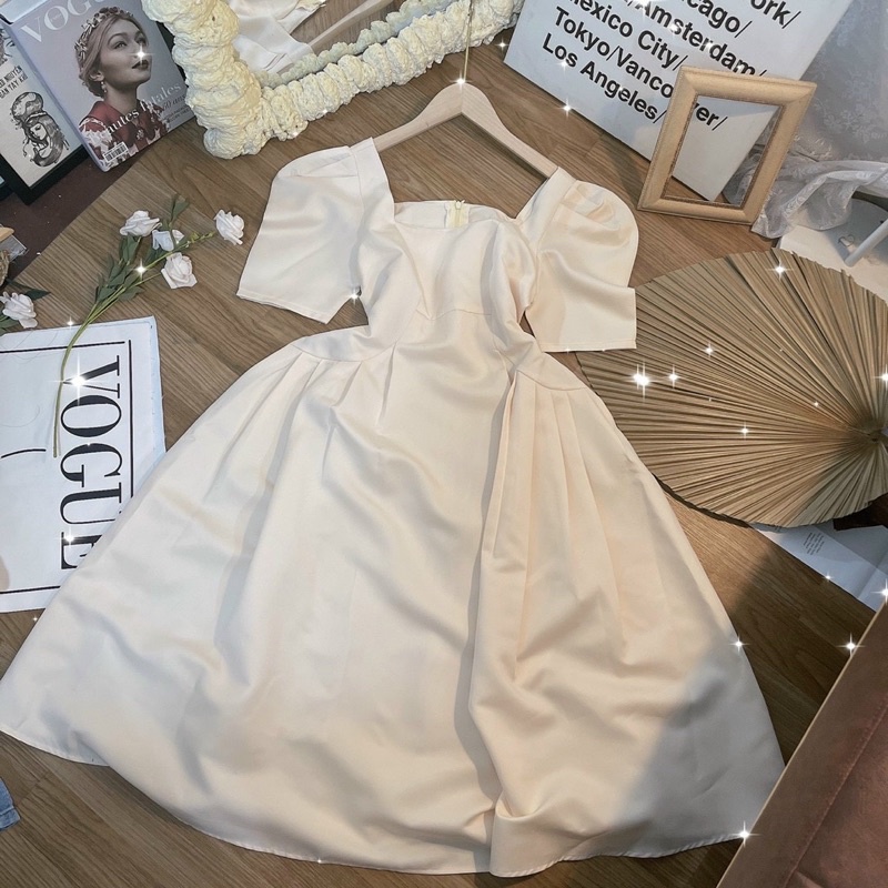 ĐẦM MIDI NUDE CỔ VUÔNG CHÍT EO