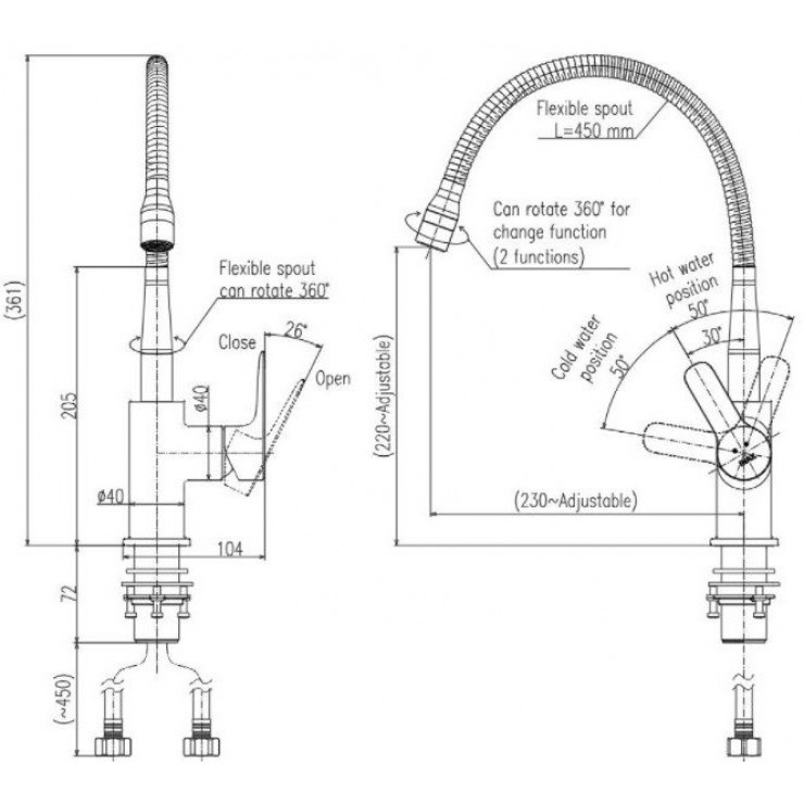 Vòi rửa chén bát Lò xo INAX SFV – 303S Nóng lạnh, Vòi bếp dây mềm 2 đường nước, Cam kết chính hãng