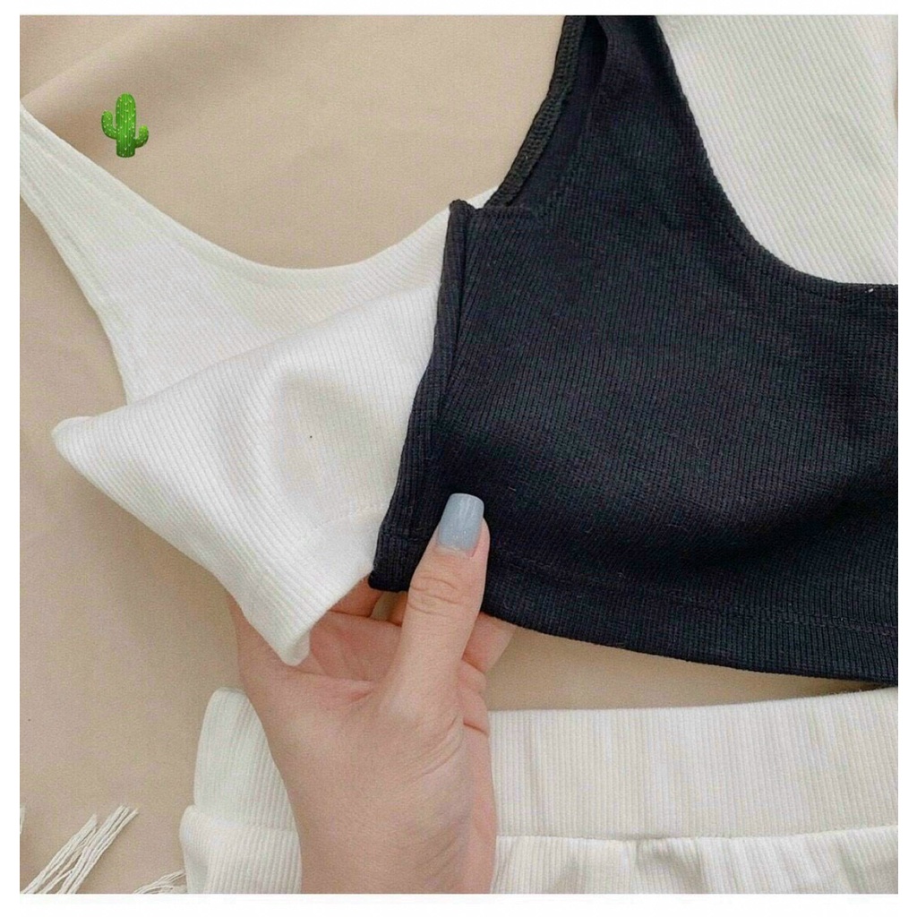 Sét bộ áo 2 dây cổ U croptop trơn phối quần đùi lưng cao cực hot , chất thun gân mềm mịn