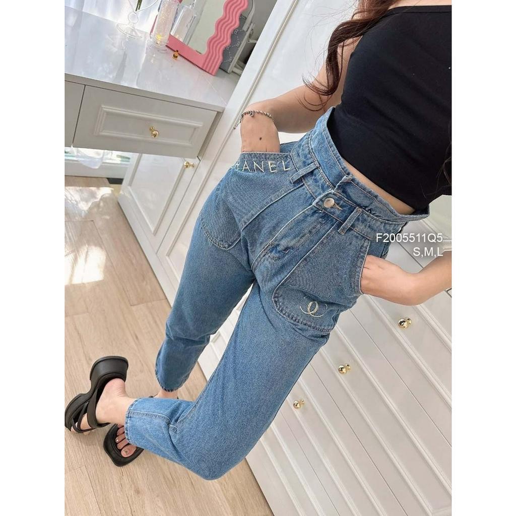 Quần jean baggy phối túi trước thêu logo CN lưng cao hàng đẹp!