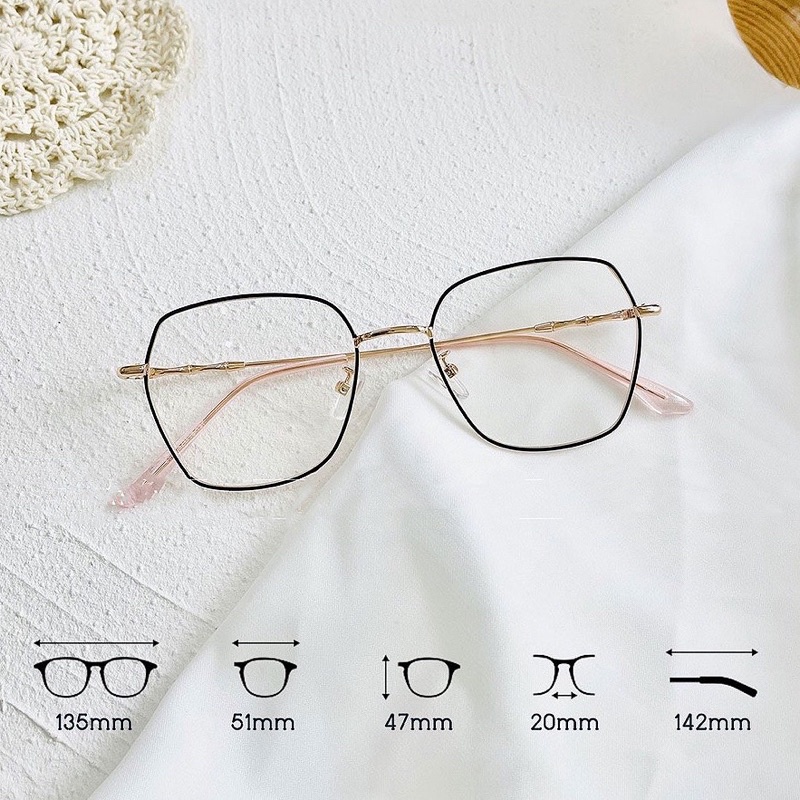 Kính giả cận, gọng kính cận kim loại mảnh vuông to 8899 chống ánh sáng xanh, UV400  Jolie eyewear