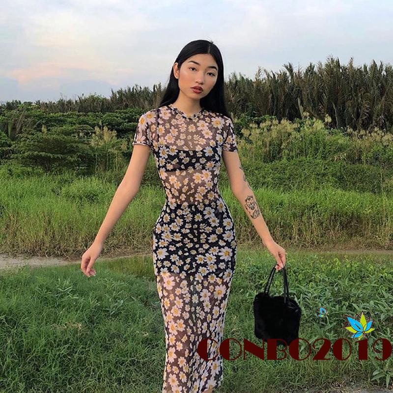 Đầm Lưới Tay Ngắn Cổ Tròn In Họa Tiết Hoa Cúc Xinh Xắn Thời Trang Cho Nữ