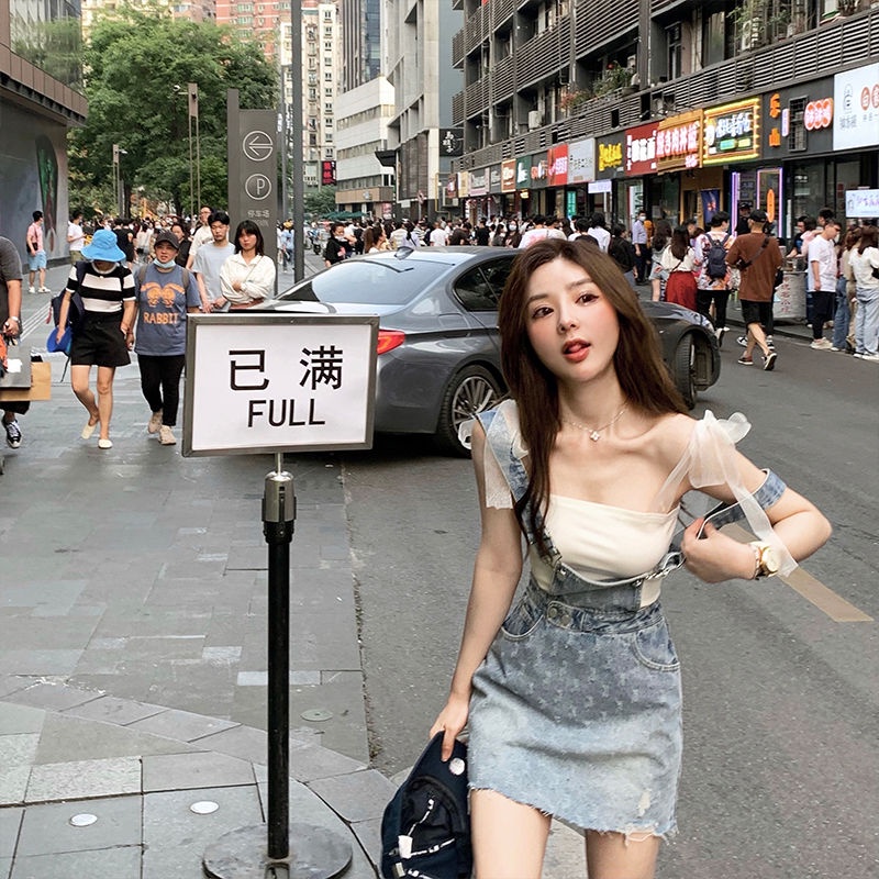 Set áo kiểu hai dây và đầm yếm denim thời trang mùa hè mới Coco Chenxi dành cho nữ (Có bán lẻ đầm yếm)