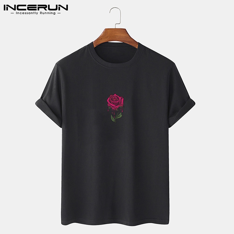 Áo thun INCERUN ngắn tay in hình hoa hồng thời trang thường ngày phong cách đơn giản cho nam