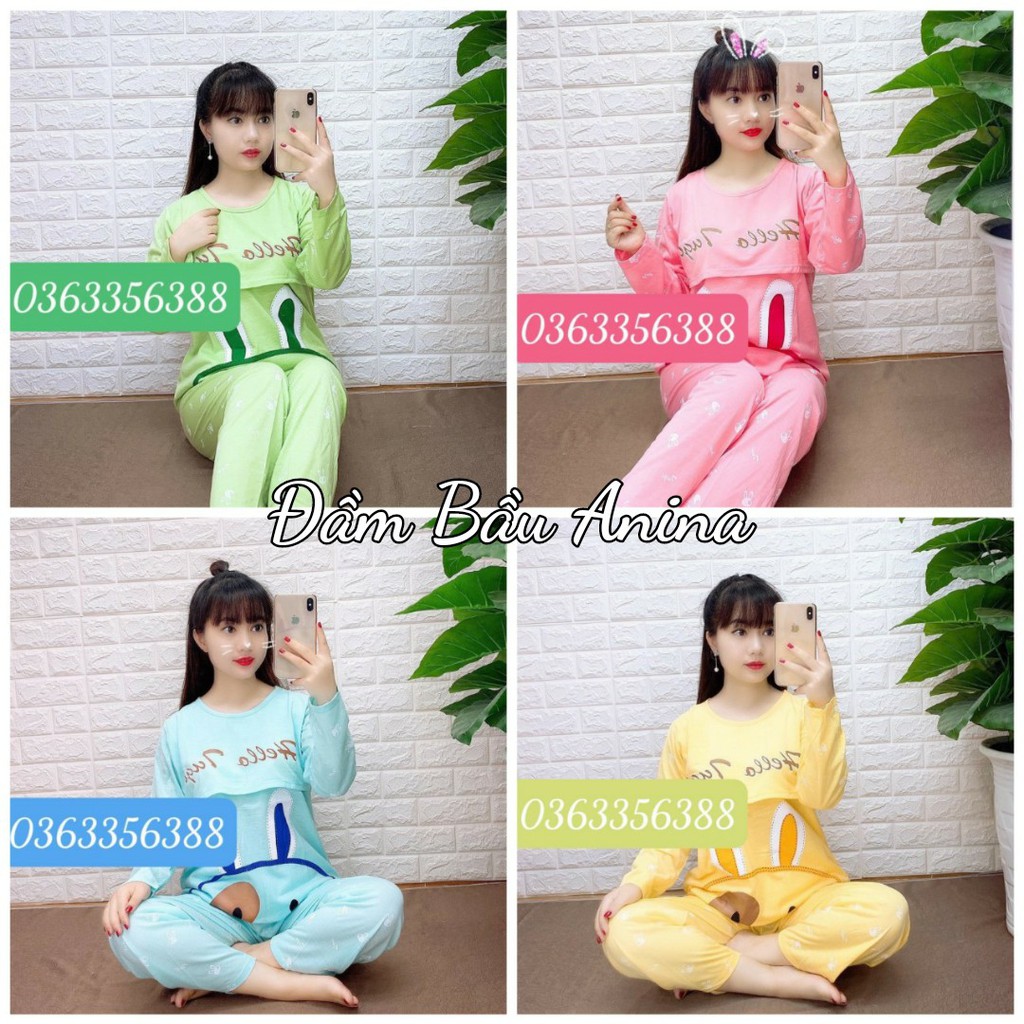 Bộ đồ bầu DÀI TAY LẬT NGỰC chất cotton mềm quần có chun chỉnh BD929